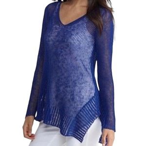 Eileen Fisher asymmetrical Long Sleeve V-Neck Sheer Knit Blue Sweater